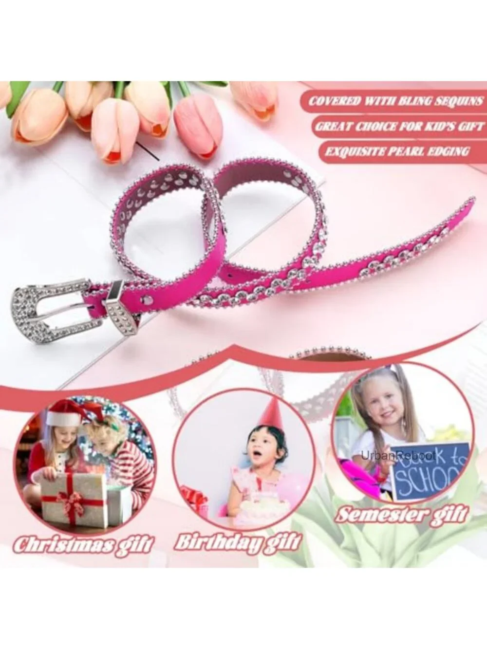 2 Pcs Rhinestone Belt for Kids, Artificial Leather Western Belts for Girls,